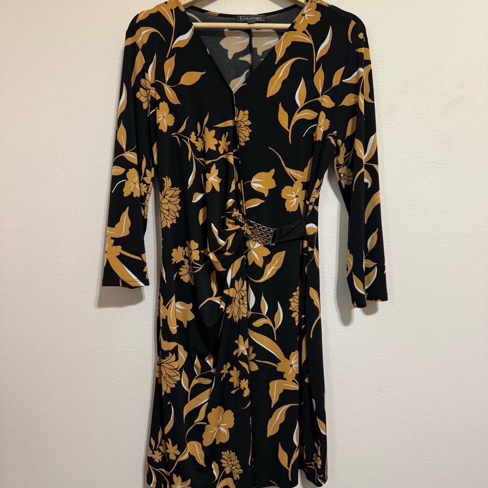 Luxology Faux Wrap Black and Gold Floral Dress